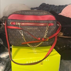Michael Kors Red and Brown Crossbody Bag with Gold Accents